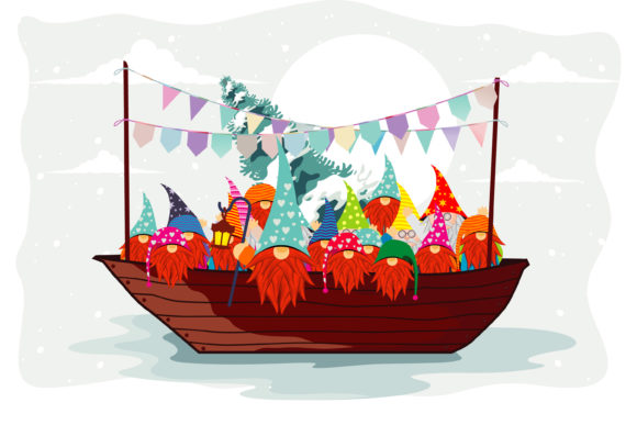 Christmas Gnome in the Sail Boat Illustrations