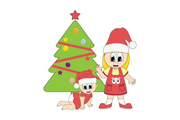 Little Girl and Baby Girl on Christmas Illustrations